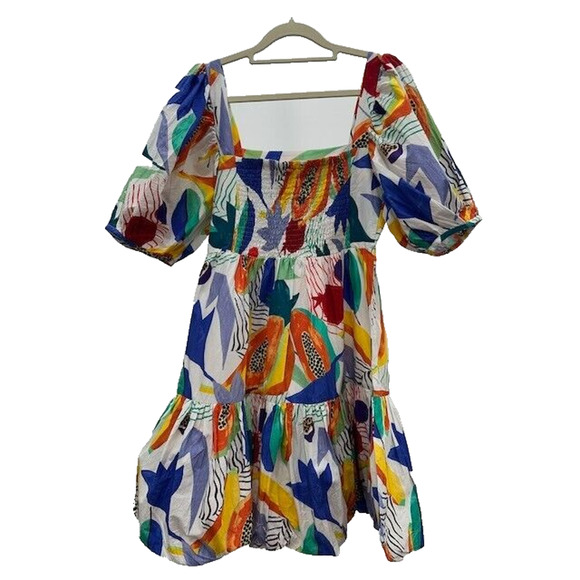 Oliphant Mini Dress Bubble Skirt Puff Sleeves Smocked Papaya Yellow Size XS NWT - Picture 1 of 15